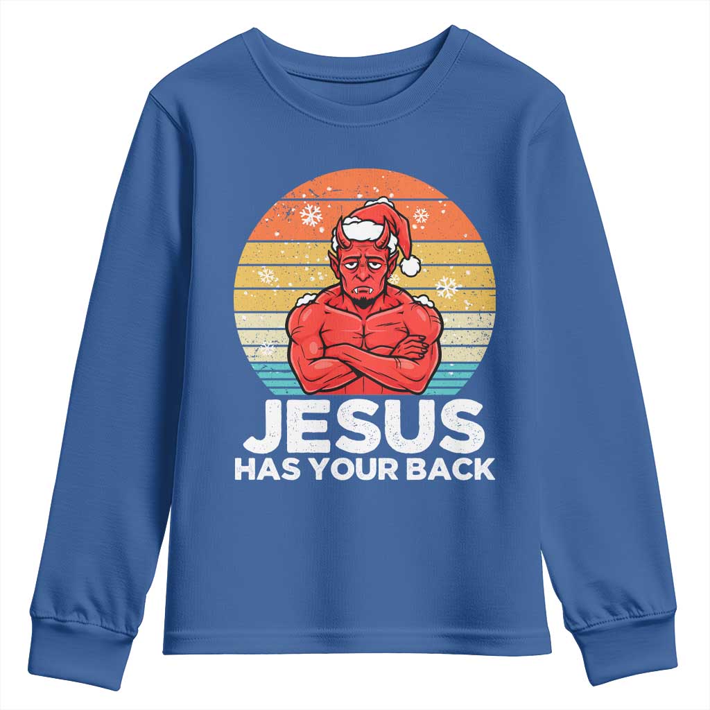 Funny Satan Christmas Youth Sweatshirt Jesus Has Your Back TS14 Royal Blue Print Your Wear
