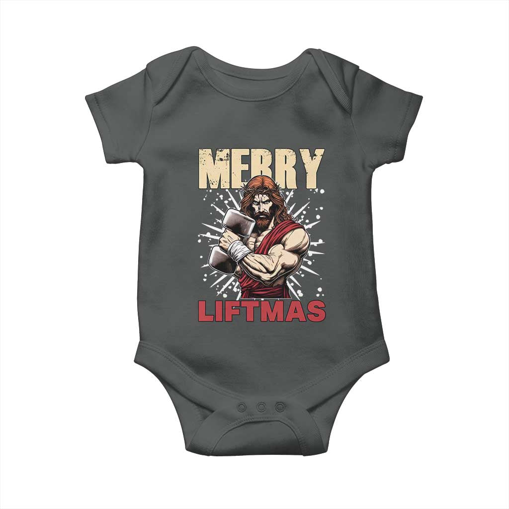 Jesus Gym Christmas Baby Onesie Merry Liftmas Xmas TS14 Dark Heather Print Your Wear