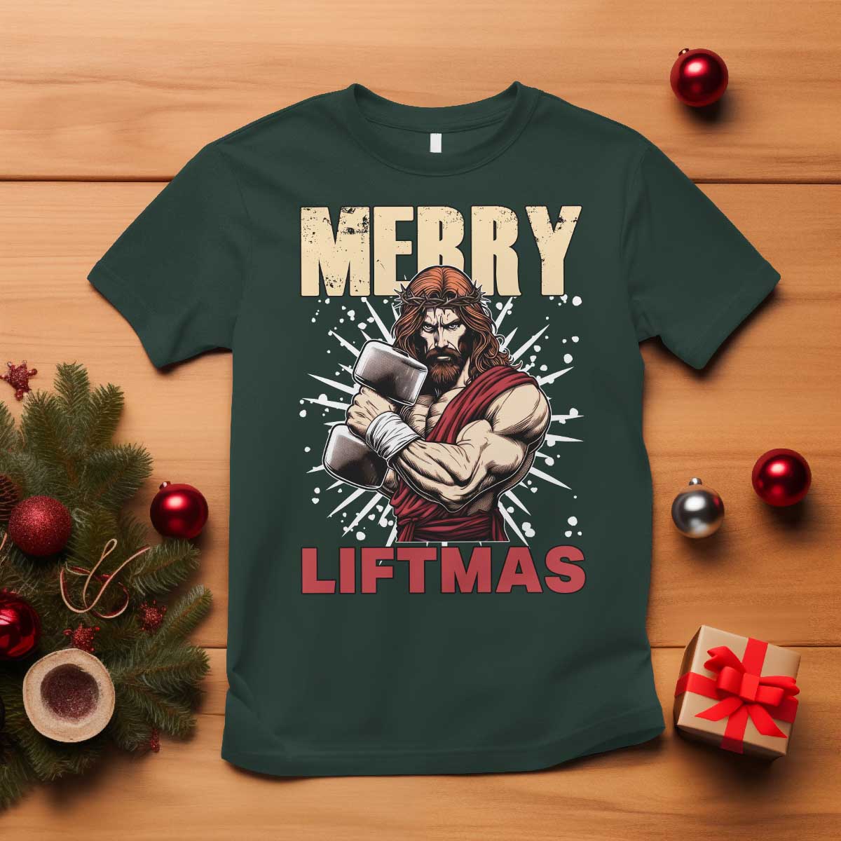 Jesus Gym Christmas T Shirt Merry Liftmas Xmas TS14 Dark Forest Green Print Your Wear