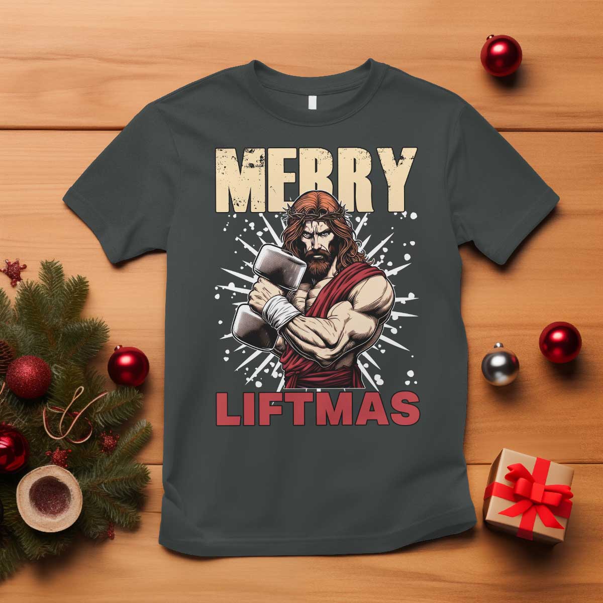 Jesus Gym Christmas T Shirt Merry Liftmas Xmas TS14 Dark Heather Print Your Wear