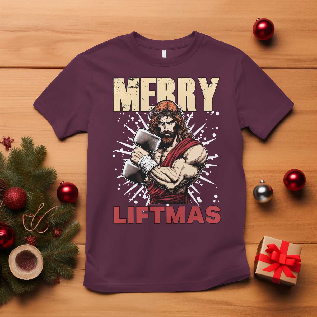 Jesus Gym Christmas T Shirt Merry Liftmas Xmas TS14 Maroon Print Your Wear