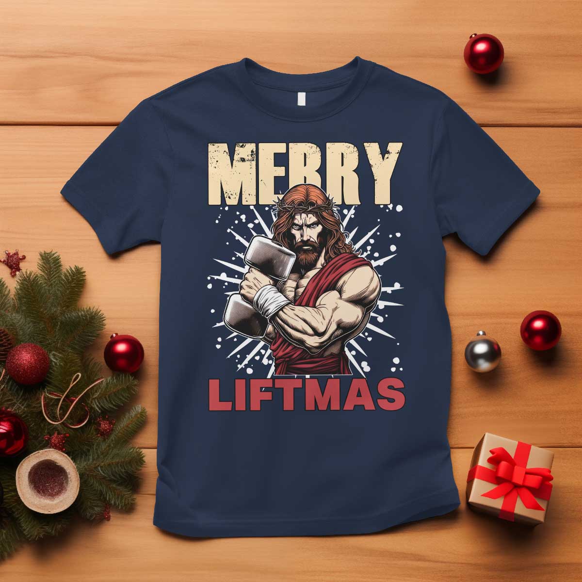 Jesus Gym Christmas T Shirt Merry Liftmas Xmas TS14 Navy Print Your Wear