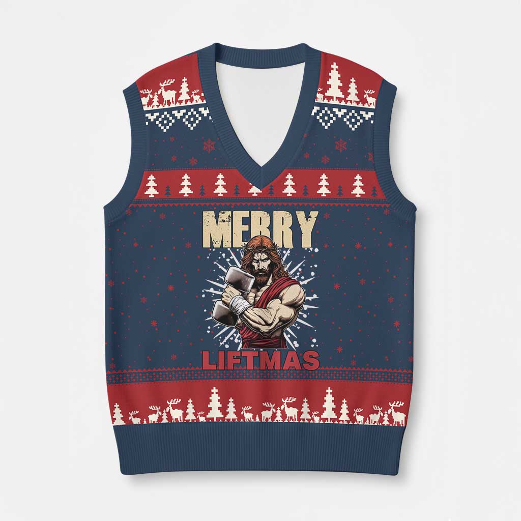 Jesus Gym Xmas V-Neck Knit Sweater Vest Merry Liftmas Xmas TS14 Navy Red Print Your Wear