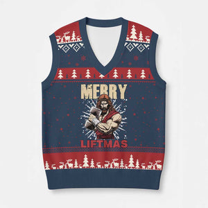 Jesus Gym Xmas V-Neck Knit Sweater Vest Merry Liftmas Xmas TS14 Navy Red Print Your Wear