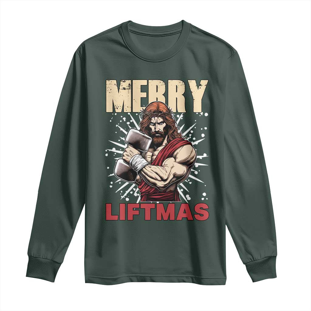 Jesus Gym Christmas Long Sleeve Shirt Merry Liftmas Xmas TS14 Dark Forest Green Print Your Wear