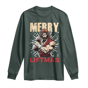 Jesus Gym Christmas Long Sleeve Shirt Merry Liftmas Xmas TS14 Dark Forest Green Print Your Wear