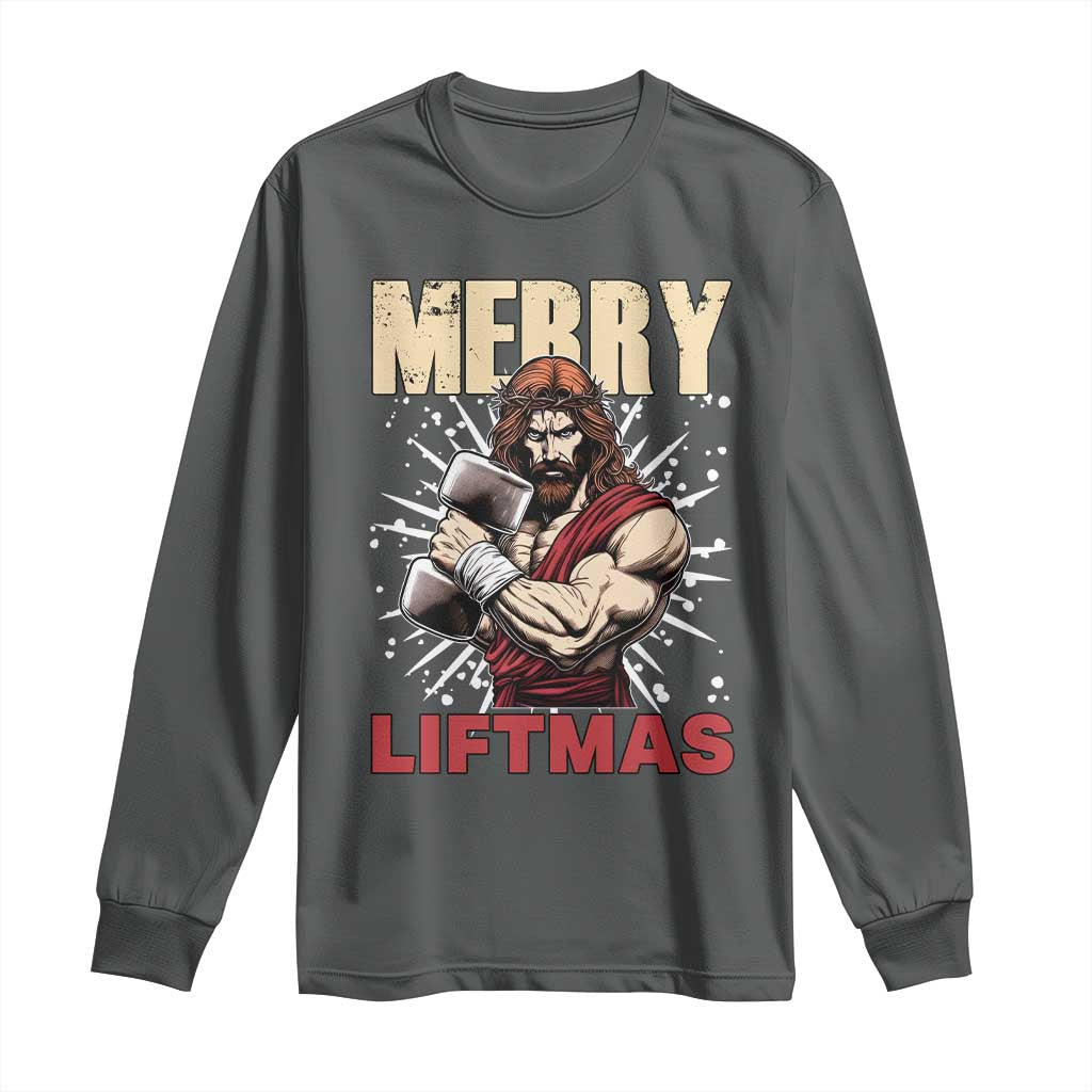 Jesus Gym Christmas Long Sleeve Shirt Merry Liftmas Xmas TS14 Dark Heather Print Your Wear