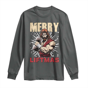Jesus Gym Christmas Long Sleeve Shirt Merry Liftmas Xmas TS14 Dark Heather Print Your Wear