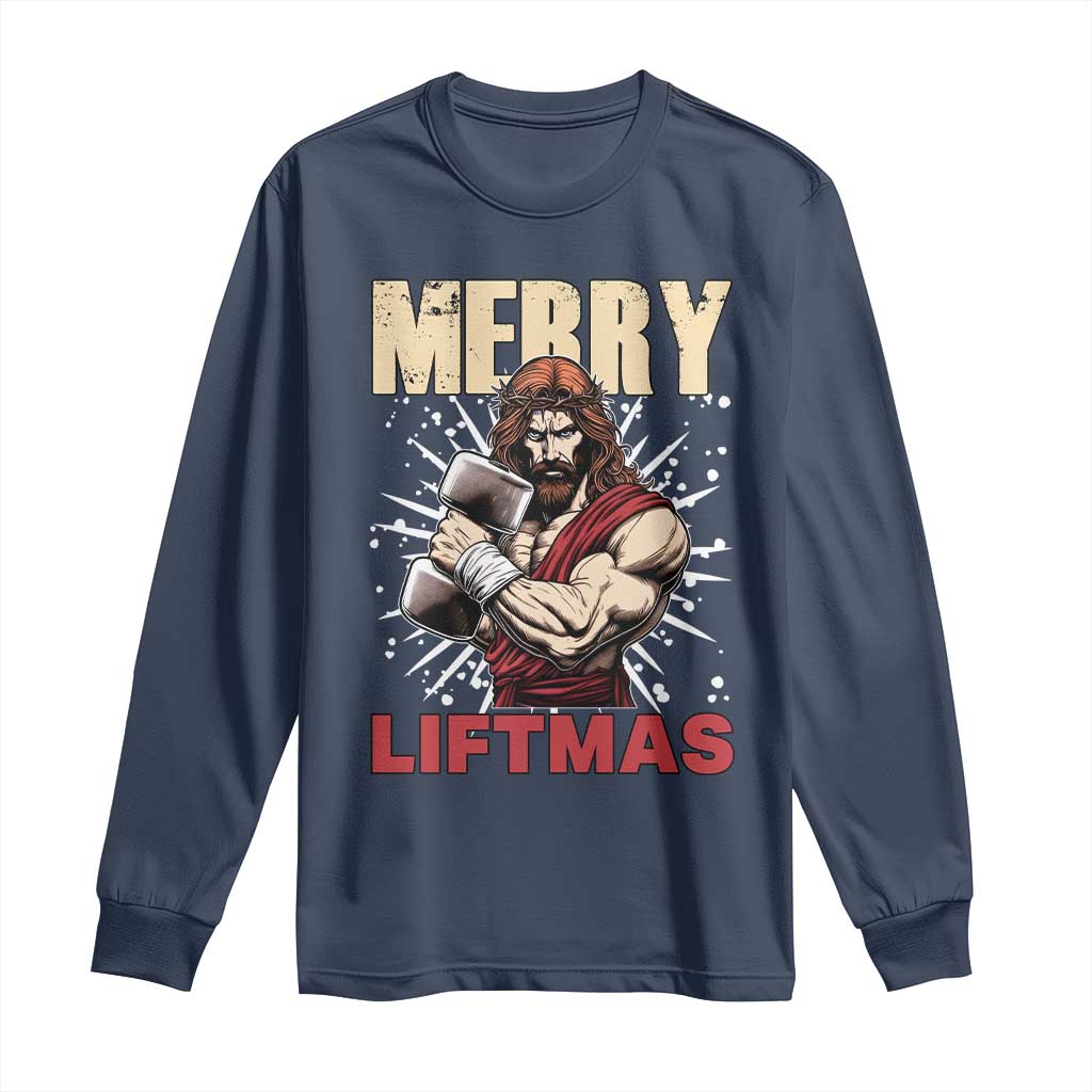 Jesus Gym Christmas Long Sleeve Shirt Merry Liftmas Xmas TS14 Navy Print Your Wear