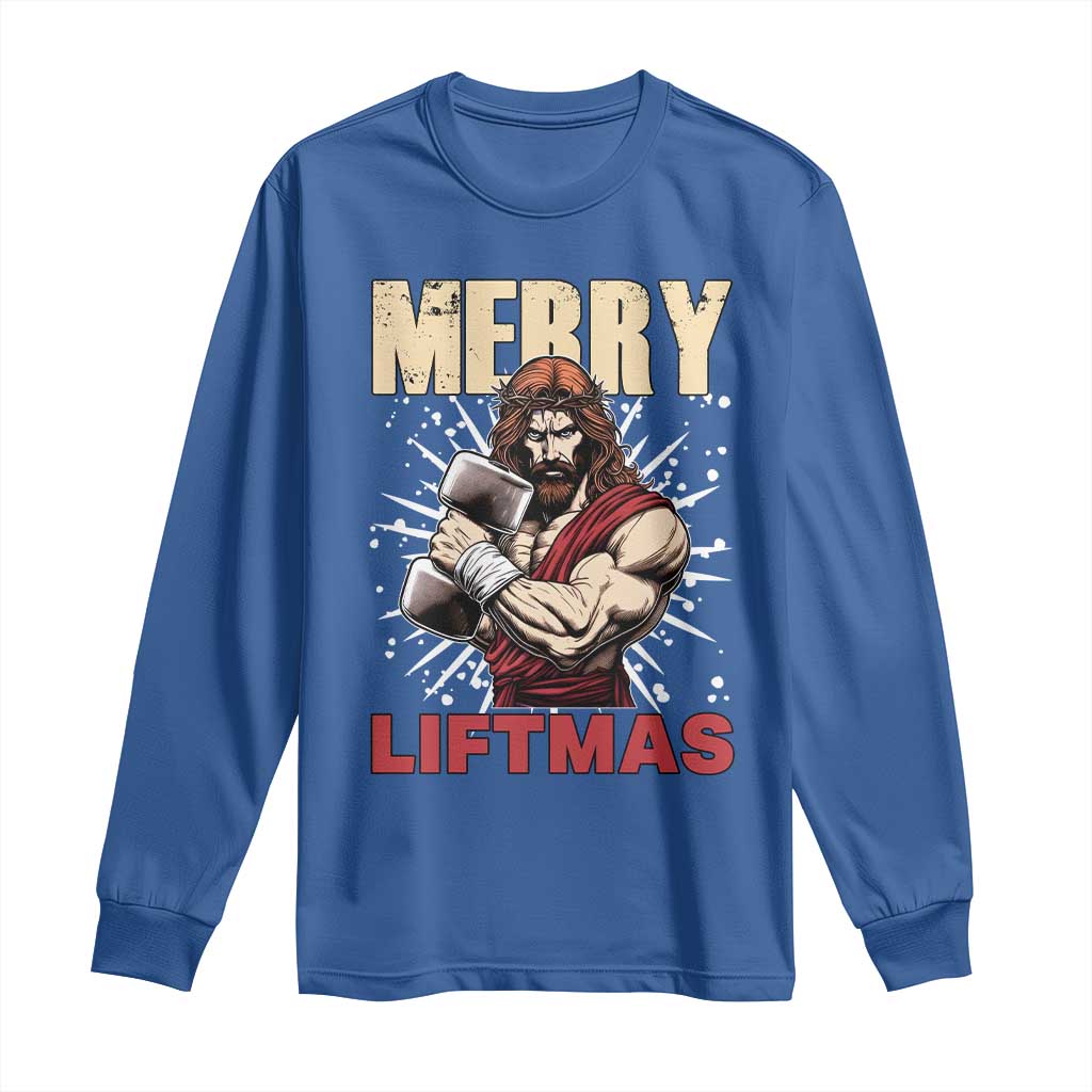 Jesus Gym Christmas Long Sleeve Shirt Merry Liftmas Xmas TS14 Royal Blue Print Your Wear