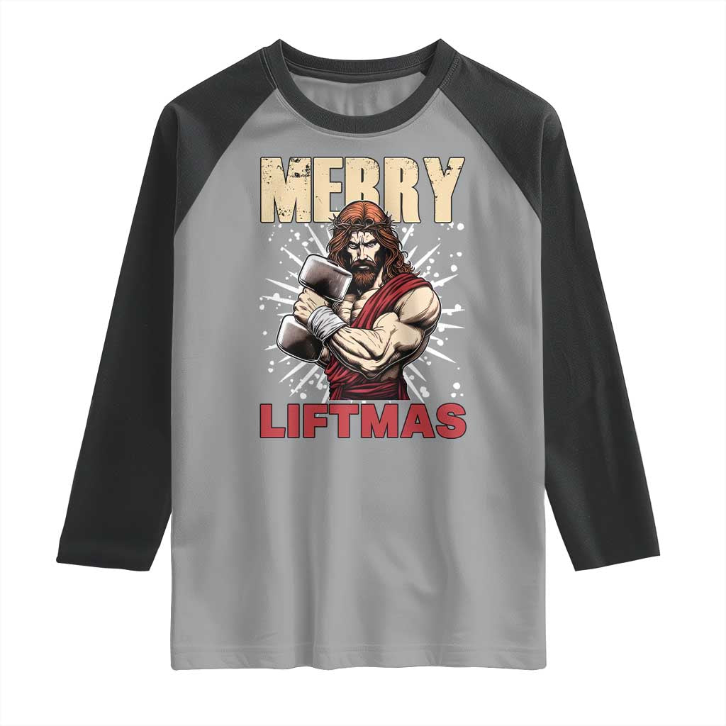 Jesus Gym Christmas Raglan Shirt Merry Liftmas Xmas TS14 Sport Gray Black Print Your Wear