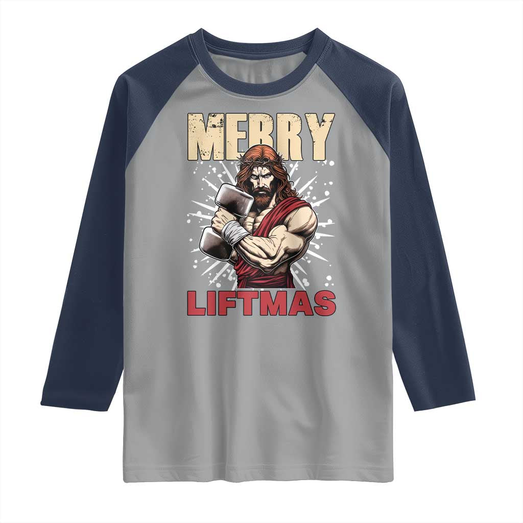 Jesus Gym Christmas Raglan Shirt Merry Liftmas Xmas TS14 Sport Gray Navy Print Your Wear