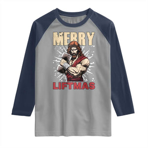 Jesus Gym Christmas Raglan Shirt Merry Liftmas Xmas TS14 Sport Gray Navy Print Your Wear