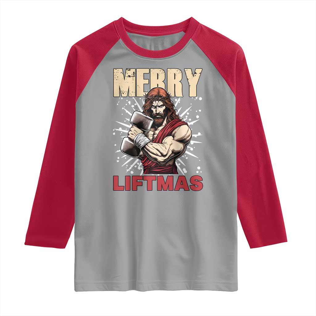 Jesus Gym Christmas Raglan Shirt Merry Liftmas Xmas TS14 Sport Gray Red Print Your Wear
