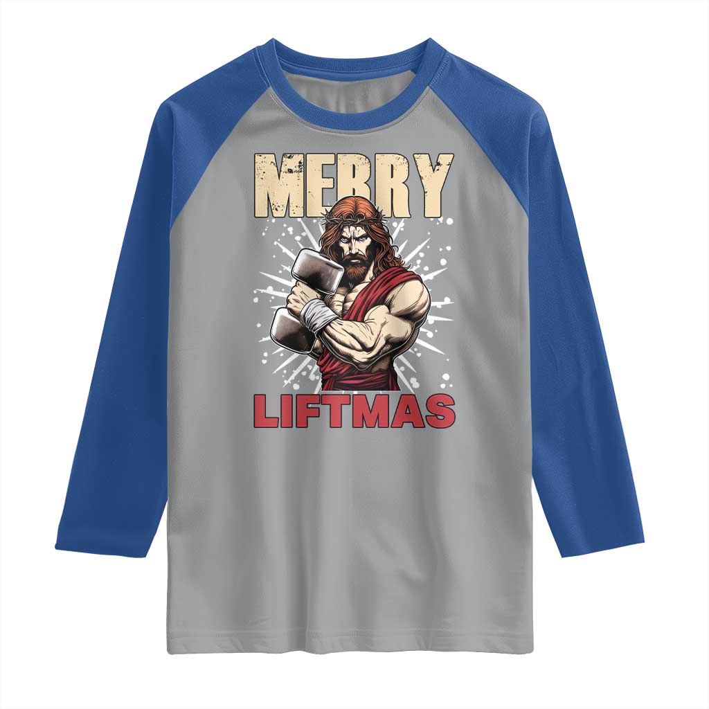 Jesus Gym Christmas Raglan Shirt Merry Liftmas Xmas TS14 Sport Gray Royal Print Your Wear