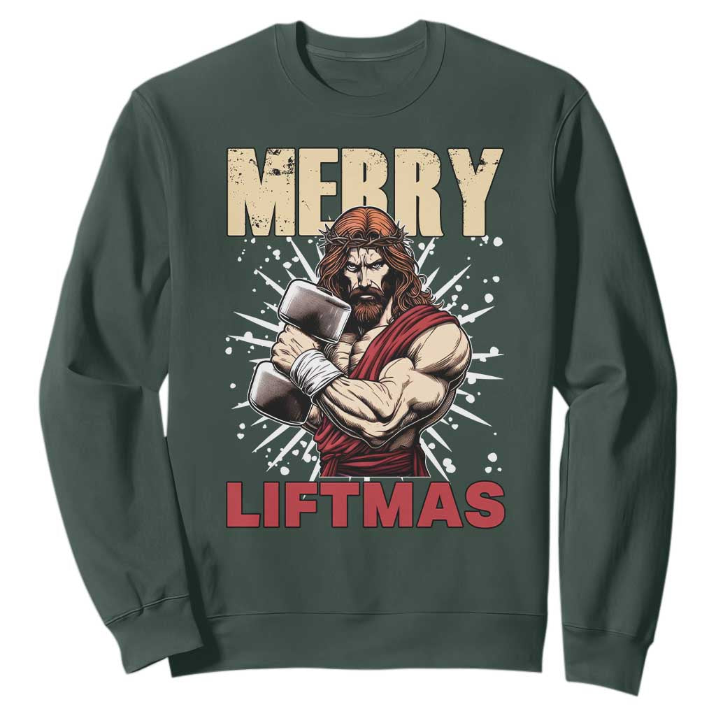 Jesus Gym Christmas Sweatshirt Merry Liftmas Xmas TS14 Dark Forest Green Print Your Wear