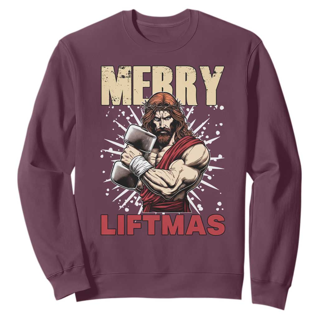 Jesus Gym Christmas Sweatshirt Merry Liftmas Xmas TS14 Maroon Print Your Wear