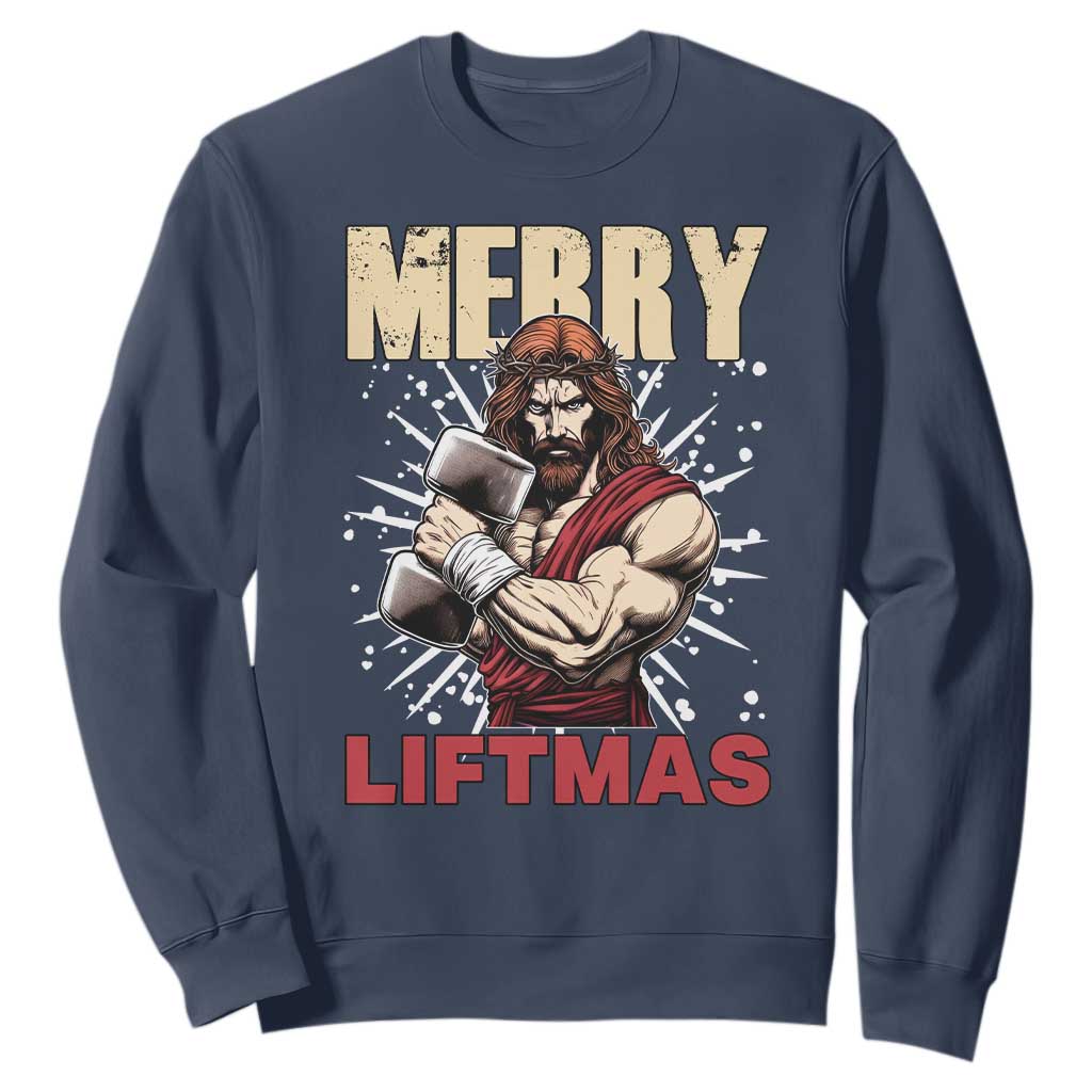 Jesus Gym Christmas Sweatshirt Merry Liftmas Xmas TS14 Navy Print Your Wear