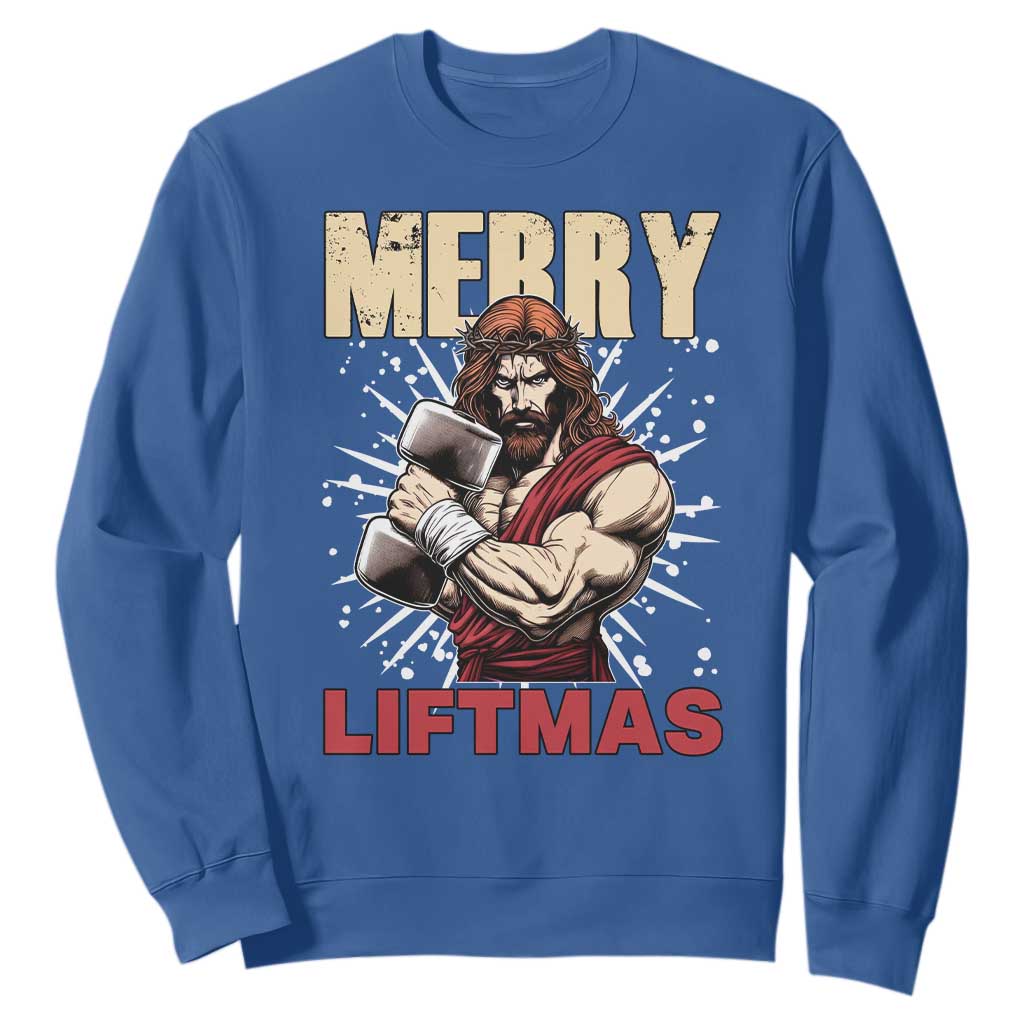 Jesus Gym Christmas Sweatshirt Merry Liftmas Xmas TS14 Royal Blue Print Your Wear