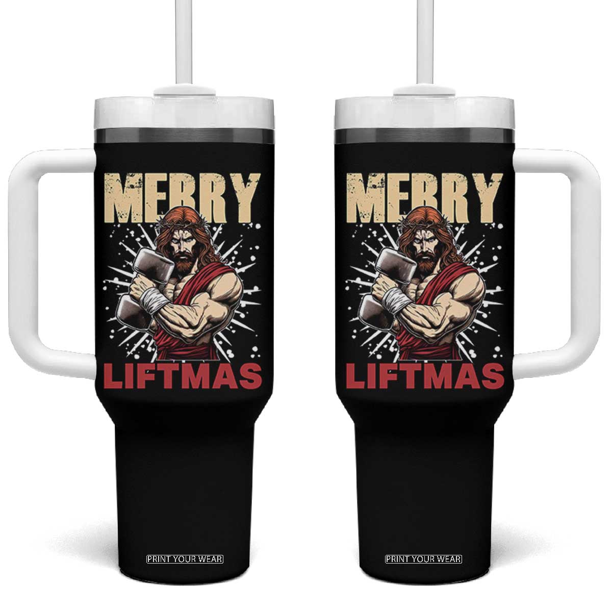 Jesus Gym Christmas Tumbler With Handle Merry Liftmas Xmas TS14 One Size: 40 oz Black Print Your Wear