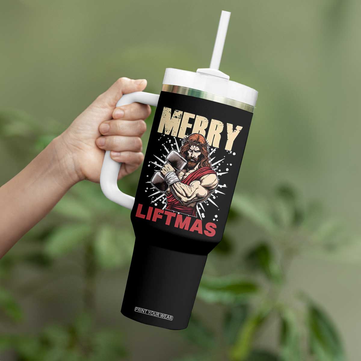 Jesus Gym Christmas Tumbler With Handle Merry Liftmas Xmas TS14 Print Your Wear