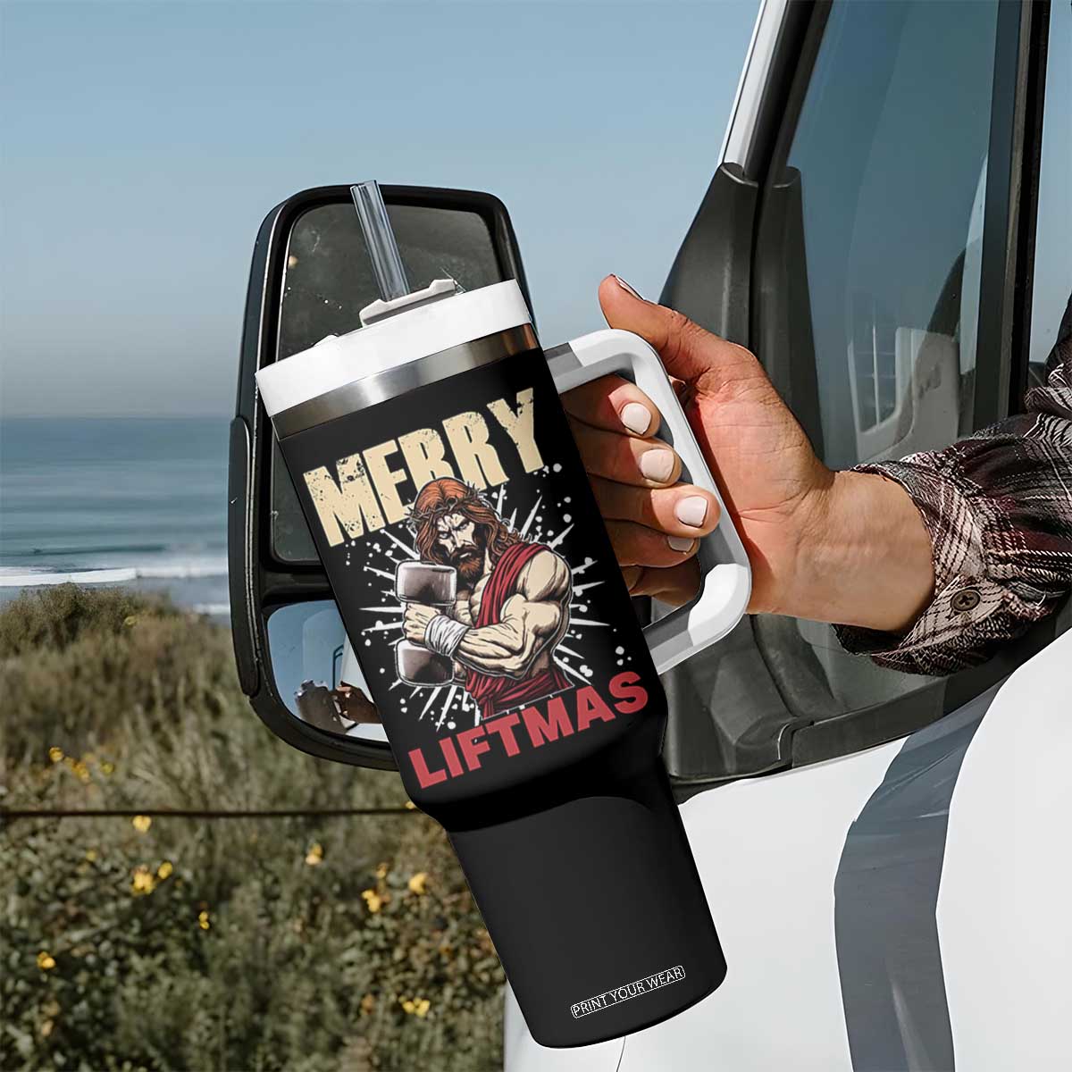 Jesus Gym Christmas Tumbler With Handle Merry Liftmas Xmas TS14 Print Your Wear