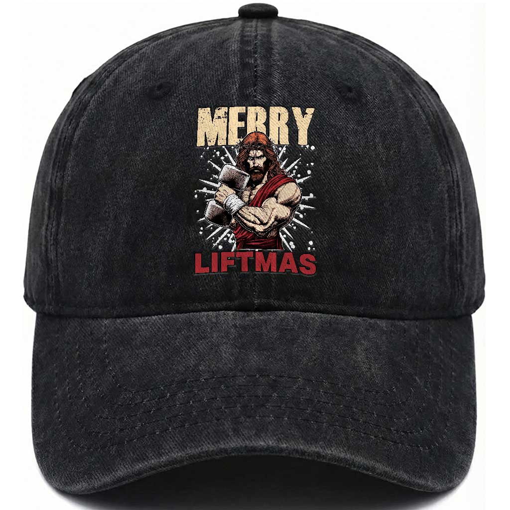 Jesus Gym Christmas Washed Cotton Baseball Cap Merry Liftmas Xmas TS14 Washed Cap Universal Fit Black Print Your Wear