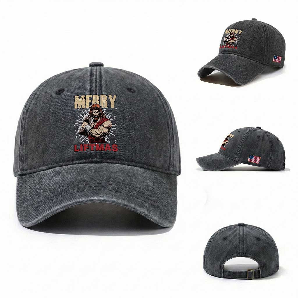 Jesus Gym Christmas Washed Cotton Baseball Cap Merry Liftmas Xmas TS14 Washed Cap Universal Fit Dark Gray Print Your Wear
