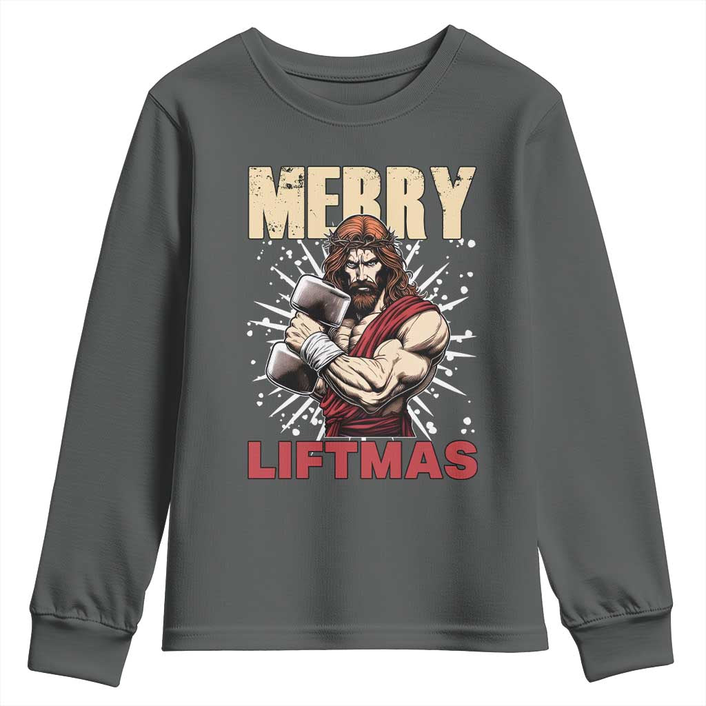 Jesus Gym Christmas Youth Sweatshirt Merry Liftmas Xmas TS14 Dark Heather Print Your Wear