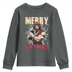 Jesus Gym Christmas Youth Sweatshirt Merry Liftmas Xmas TS14 Dark Heather Print Your Wear