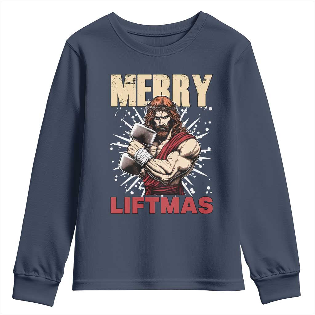 Jesus Gym Christmas Youth Sweatshirt Merry Liftmas Xmas TS14 Navy Print Your Wear