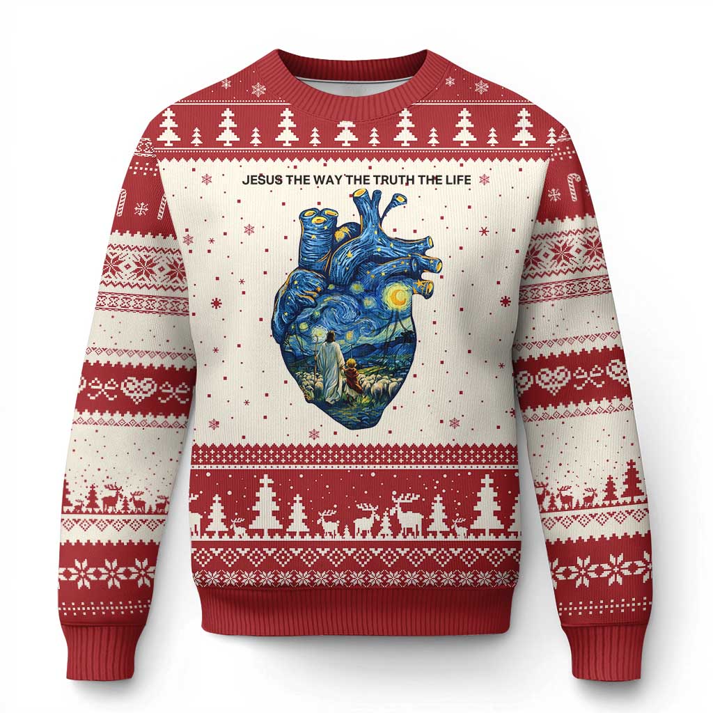 Jesus Christian Starry Night Ugly Christmas Sweater The Way The Truth The Life TS14 Beige Red Print Your Wear