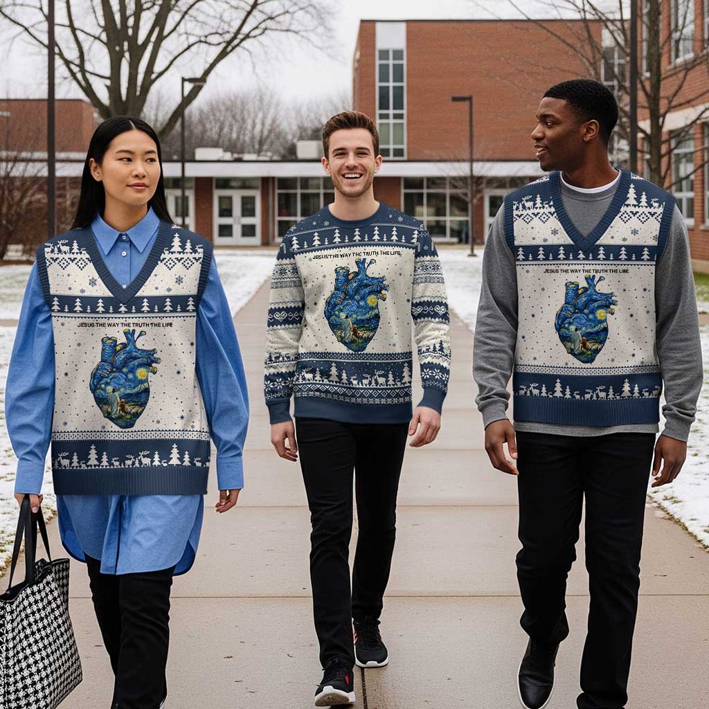 Jesus Christian Starry Night V-Neck Knit Sweater Vest The Way The Truth The Life TS14 Beige Navy Print Your Wear