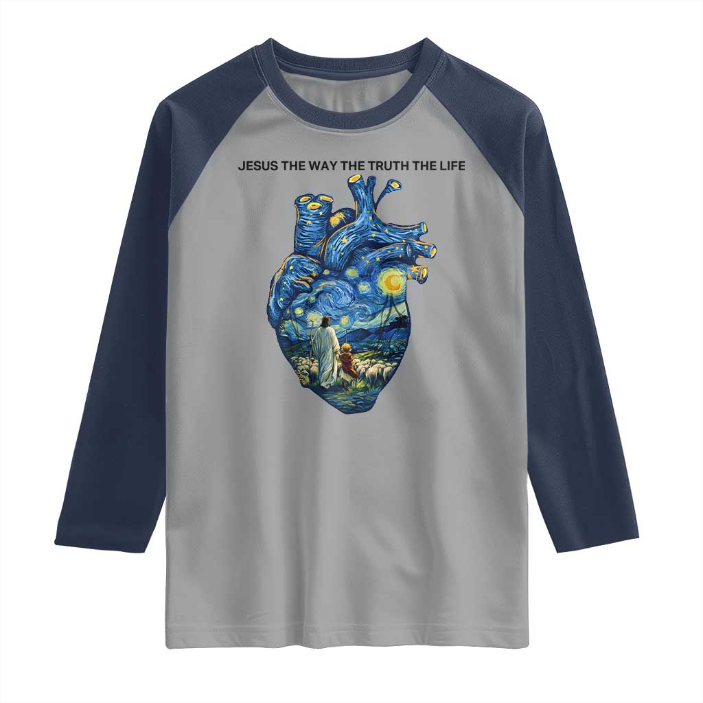 Jesus Christian Starry Night Raglan Shirt The Way The Truth The Life TS14 Sport Gray Navy Print Your Wear