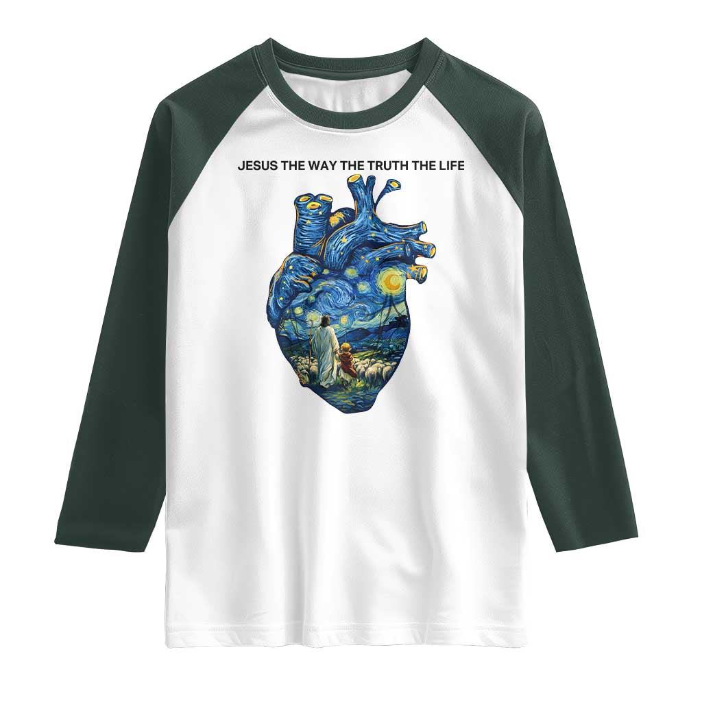 Jesus Christian Starry Night Raglan Shirt The Way The Truth The Life TS14 White Dark Forest Green Print Your Wear