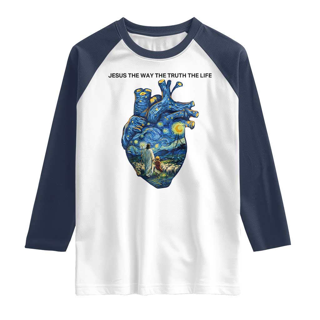 Jesus Christian Starry Night Raglan Shirt The Way The Truth The Life TS14 White Navy Print Your Wear