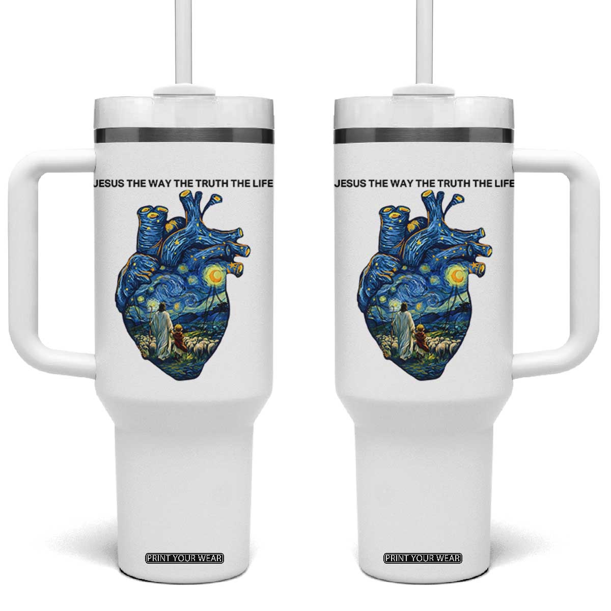 Jesus Christian Starry Night Tumbler With Handle The Way The Truth The Life TS14 One Size: 40 oz White Print Your Wear