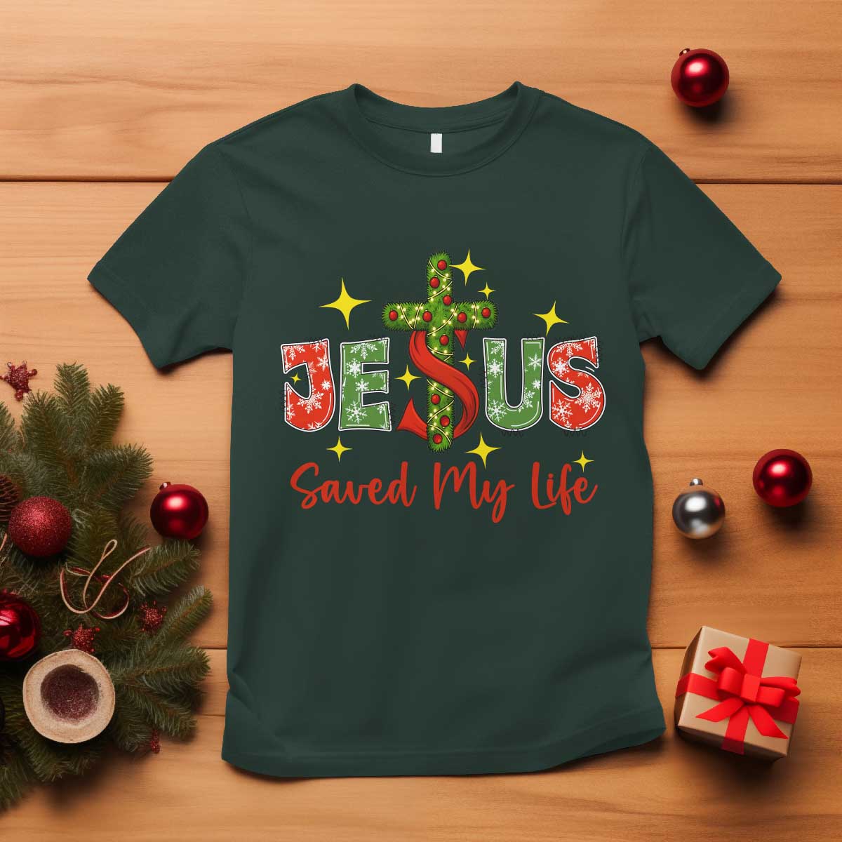 Jesus Christian Christmas T Shirt Religious Cross Bible Verse TS14 Dark Forest Green Print Your Wear