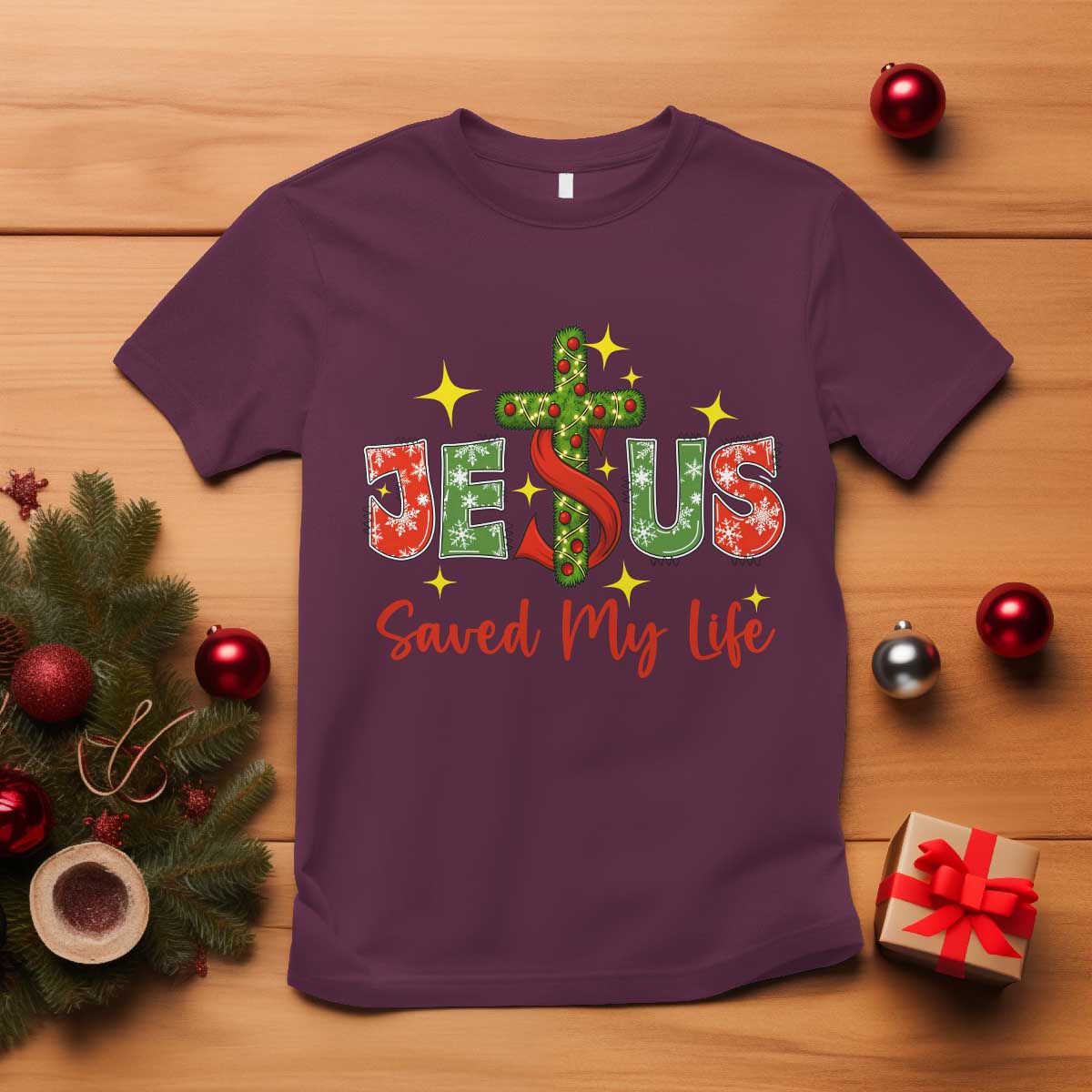 Jesus Christian Christmas T Shirt Religious Cross Bible Verse TS14 Maroon Print Your Wear