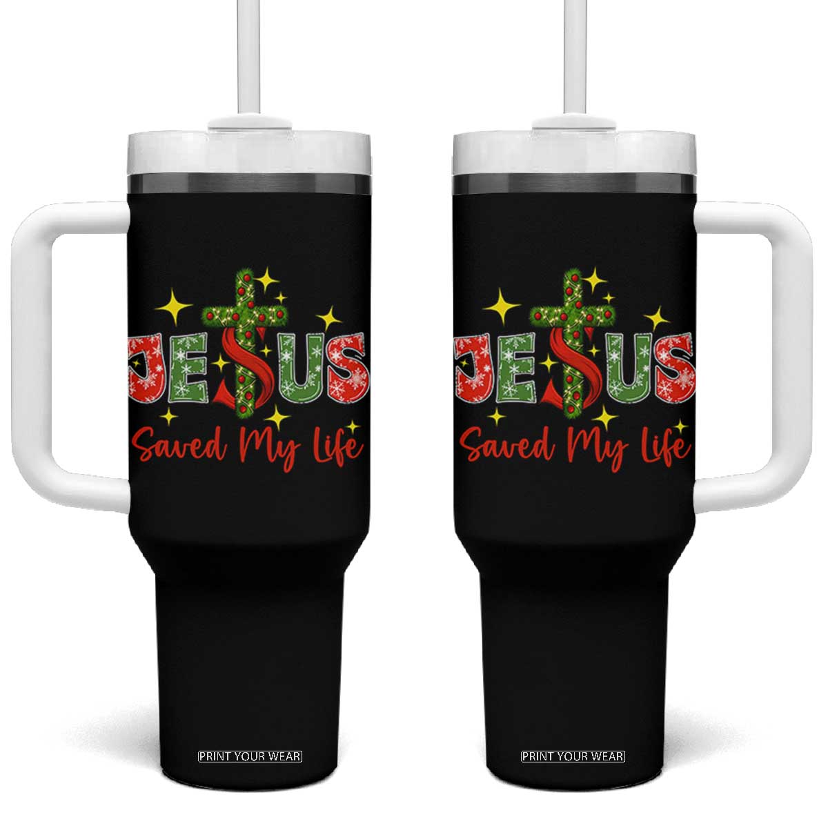 Jesus Christian Christmas Tumbler With Handle Religious Cross Bible Verse TS14 One Size: 40 oz Black Print Your Wear