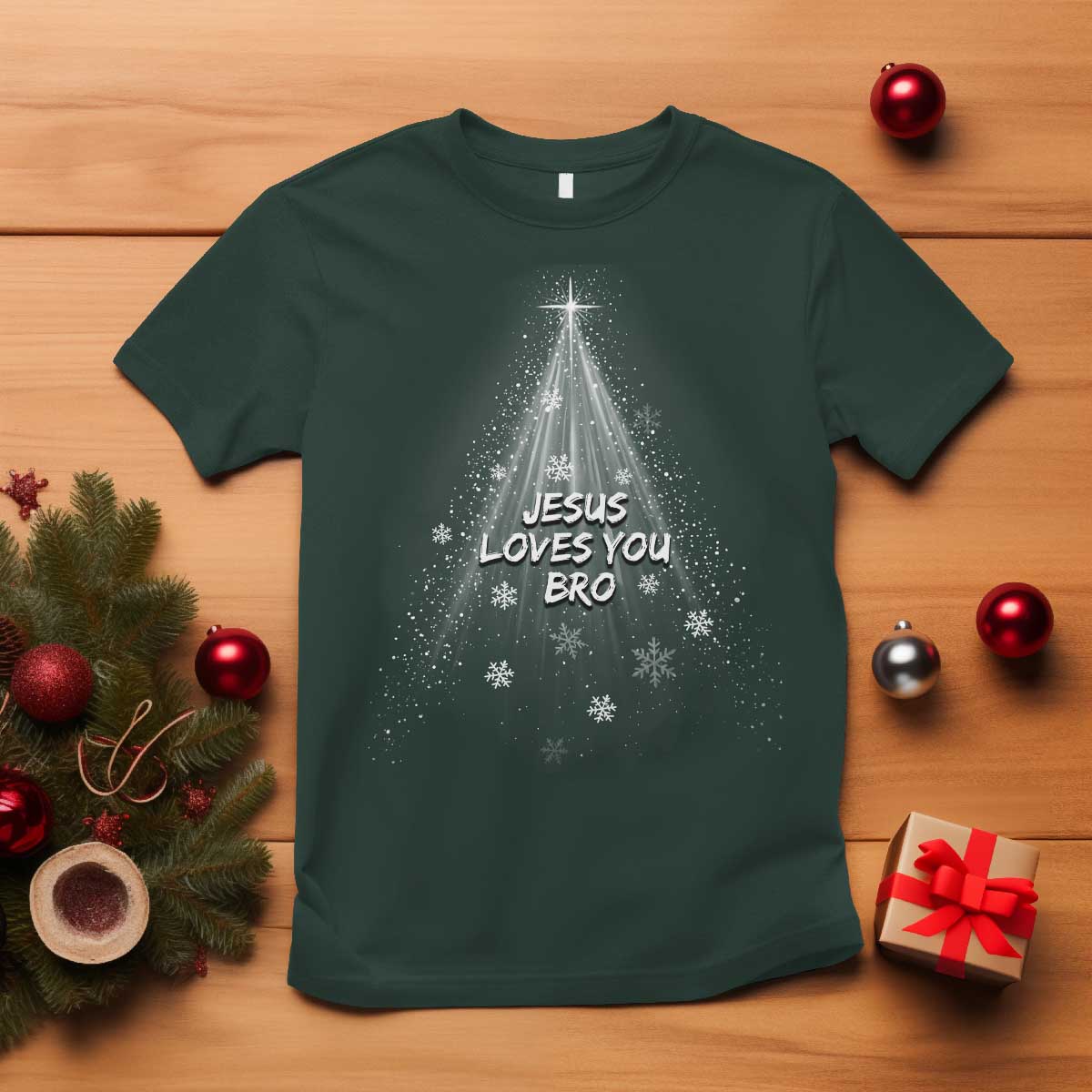 Christian Christmas T Shirt Jesus Loves You Bro TS14 Dark Forest Green Print Your Wear