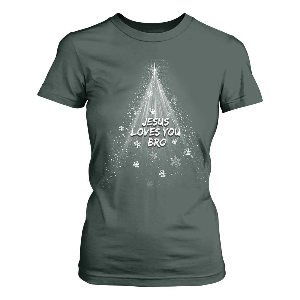 Christian Christmas T Shirt For Women Jesus Loves You Bro TS14 Dark Forest Green Print Your Wear