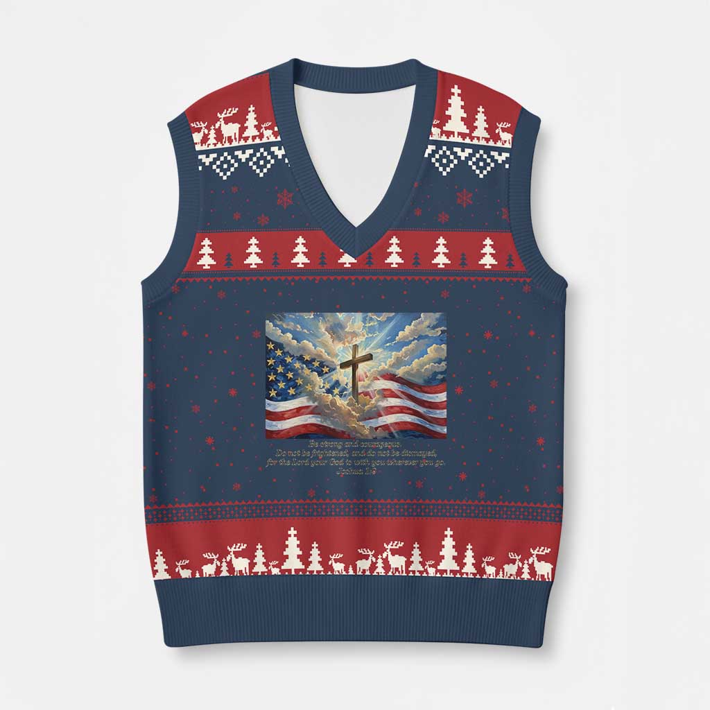 Jesus Christian V-Neck Knit Sweater Vest American Flag Religious Cross Bible Verse Faith Inspirational TS14 Navy Red Print Your Wear