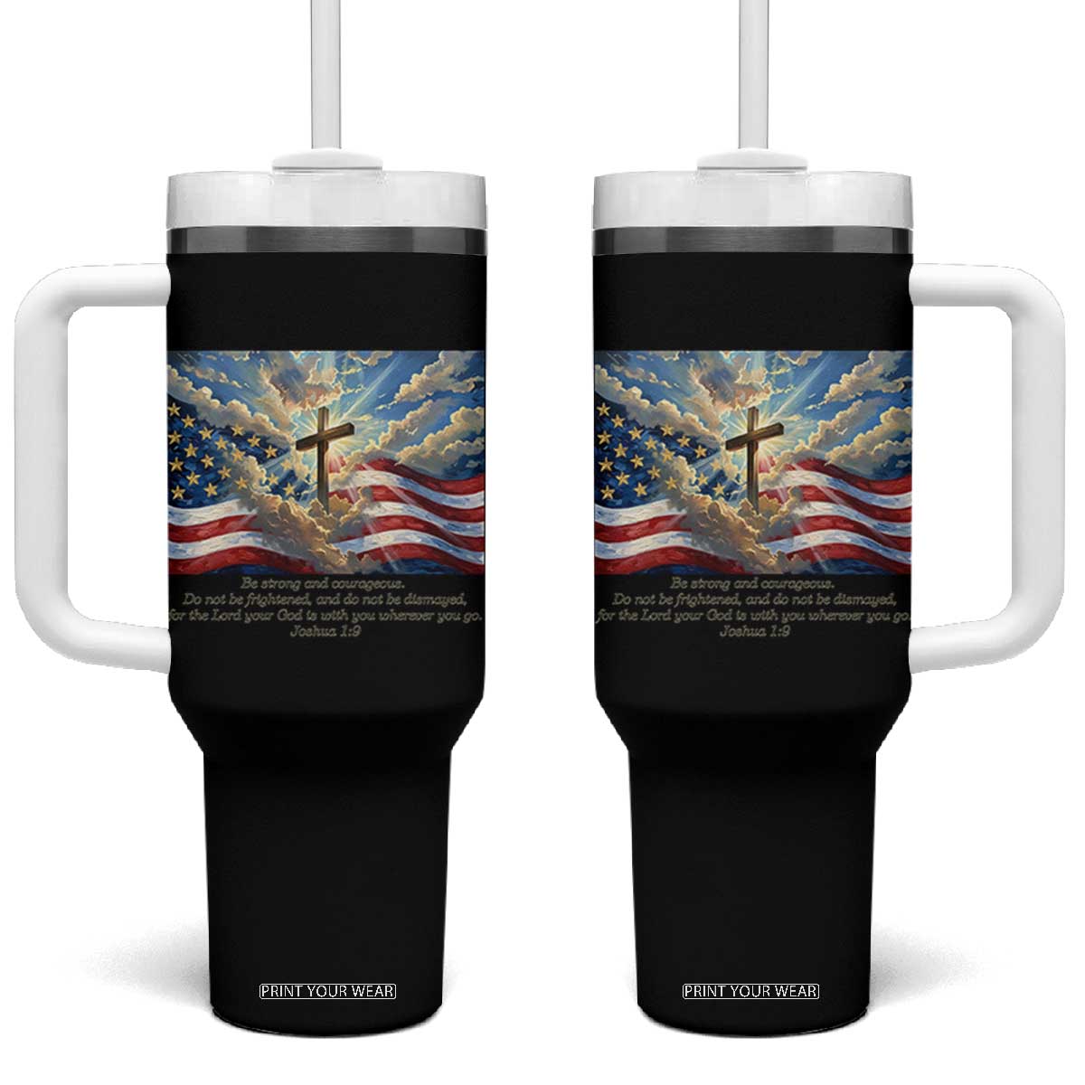 Jesus Christian Tumbler With Handle American Flag Religious Cross Bible Verse Faith Inspirational TS14 One Size: 40 oz Black Print Your Wear