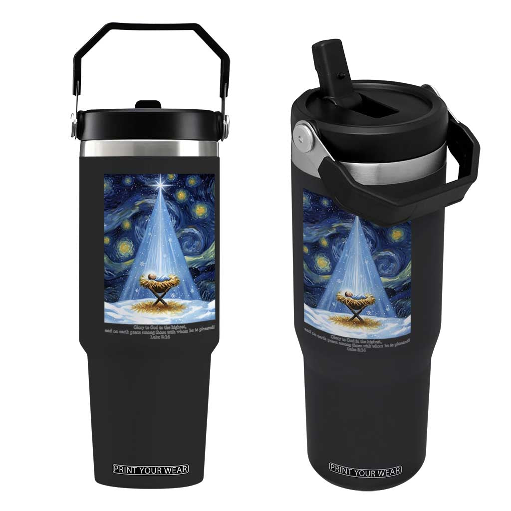 Christian Christmas Flip Straw Tumbler Nativity Scene Jeus Baby Starry Night Xmas TS14 One Size: 30 oz Black Print Your Wear