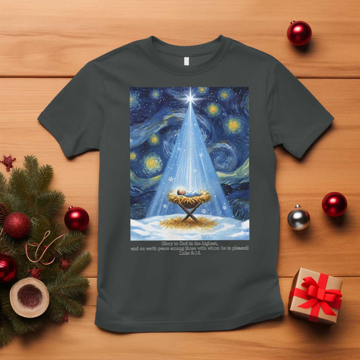 Christian Christmas T Shirt Nativity Scene Jeus Baby Starry Night Xmas TS14 Dark Heather Print Your Wear