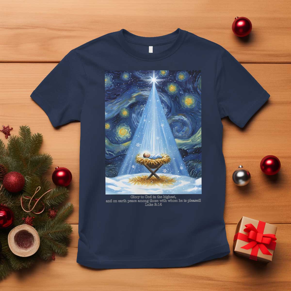 Christian Christmas T Shirt Nativity Scene Jeus Baby Starry Night Xmas TS14 Navy Print Your Wear