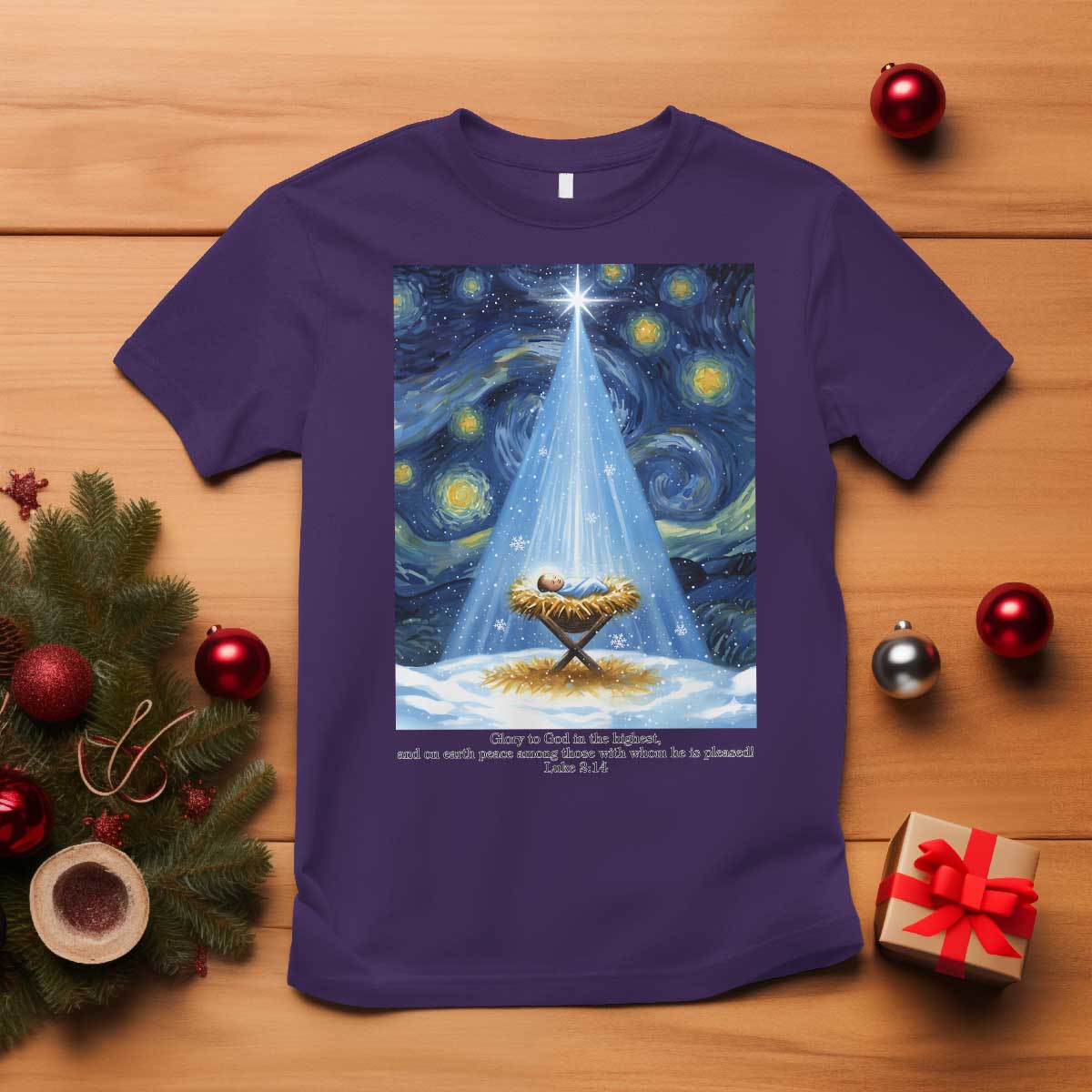 Christian Christmas T Shirt Nativity Scene Jeus Baby Starry Night Xmas TS14 Purple Print Your Wear