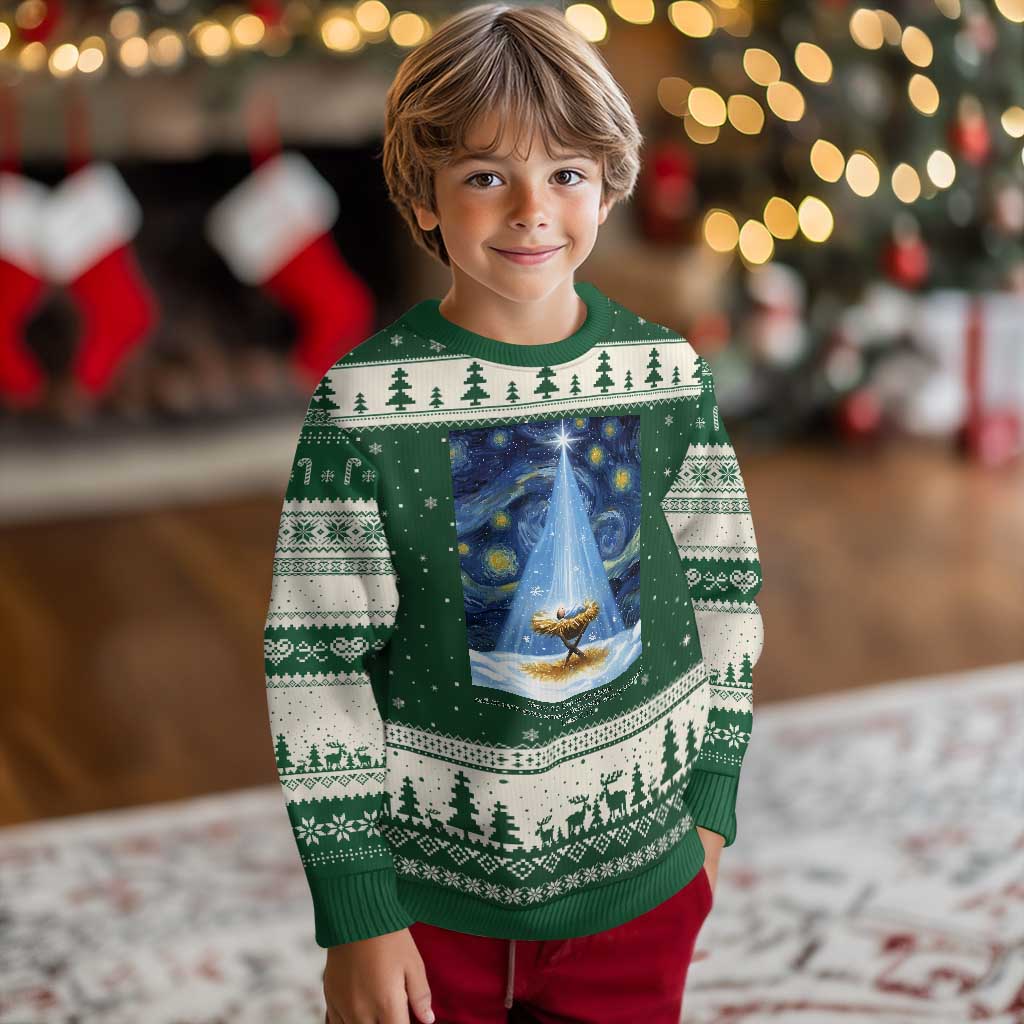 Christian Xmas Ugly Christmas Sweater Nativity Scene Jeus Baby Starry Night Xmas TS14 Forest Green Beige Print Your Wear