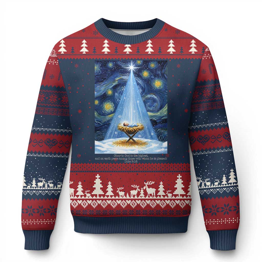 Christian Xmas Ugly Christmas Sweater Nativity Scene Jeus Baby Starry Night Xmas TS14 Navy Red Print Your Wear